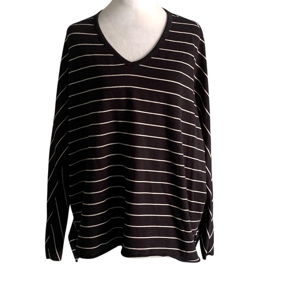 Frank & Eileen Black & White Striped V Neck Oversized Long Sleeve Tee Lab Top - Picture 1 of 6